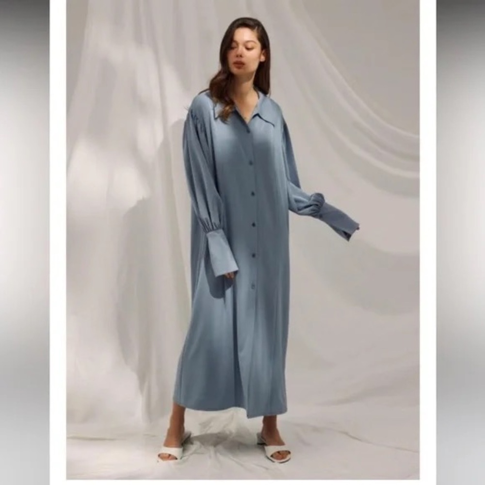 Nap Loungewear Drape Shirt Robe Maxi Dress in frost blue M
